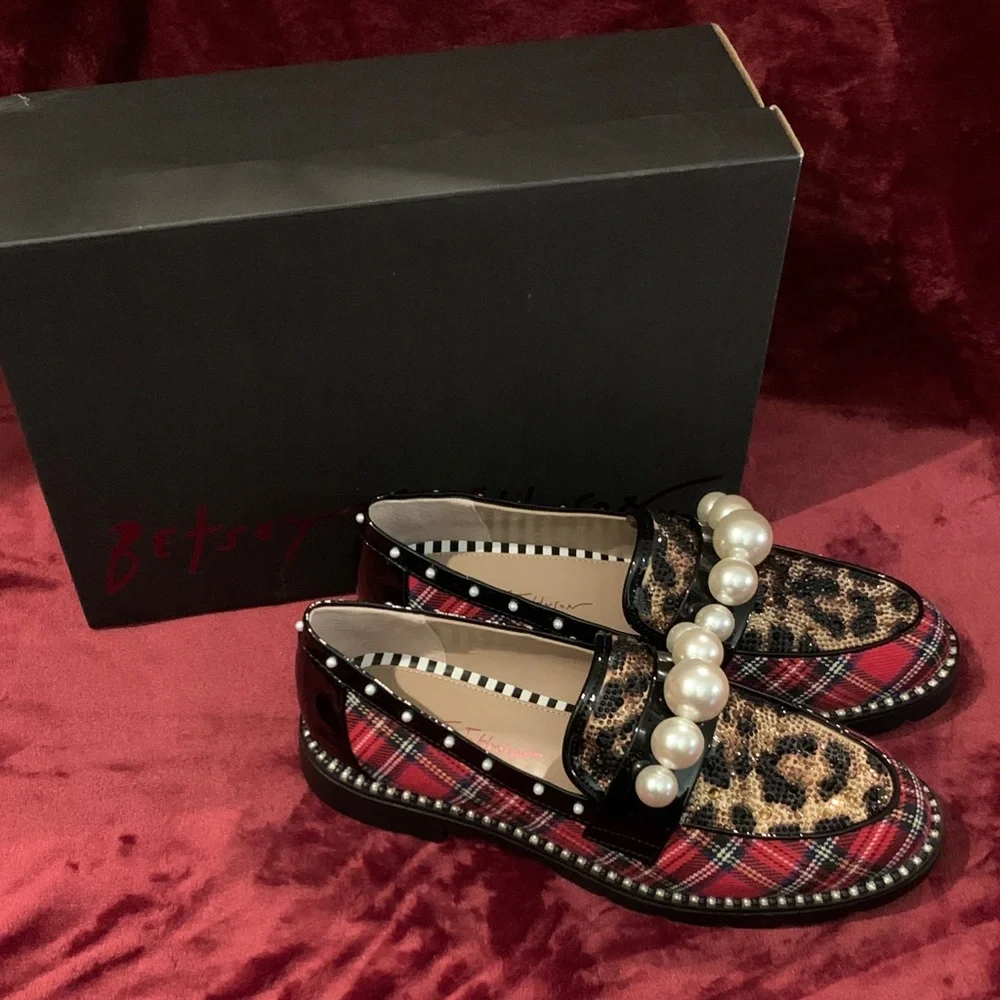 Betsey Johnson Harloe Embellished Low Heel Loafers in Red Plaid - Picture 2 of 4